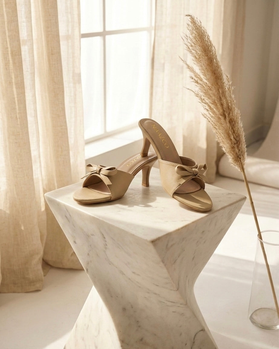 Alara Mesh Mule sand beige showing bow and mesh strap detail