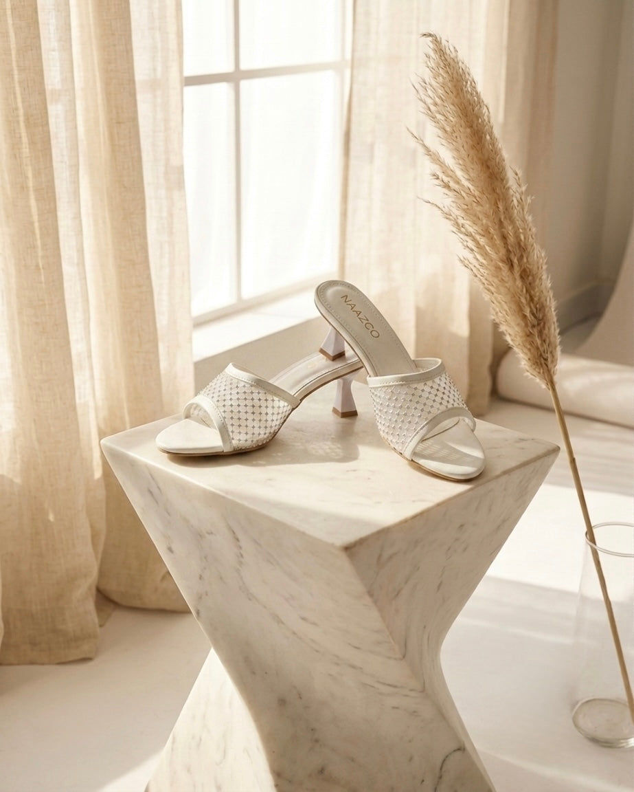 Stella Embellished Heel Mule pearl white showing sparkling strap detail