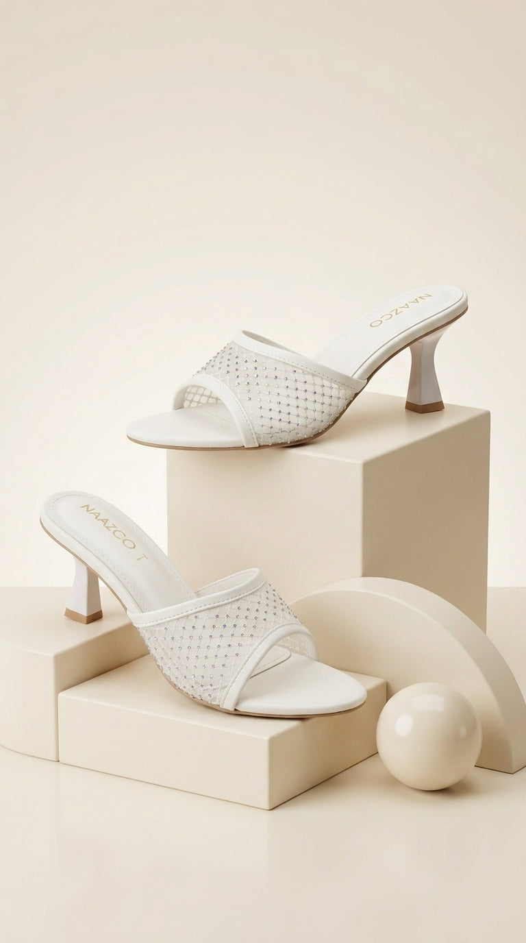 Stella Embellished Heel Mule in pearl white, front view